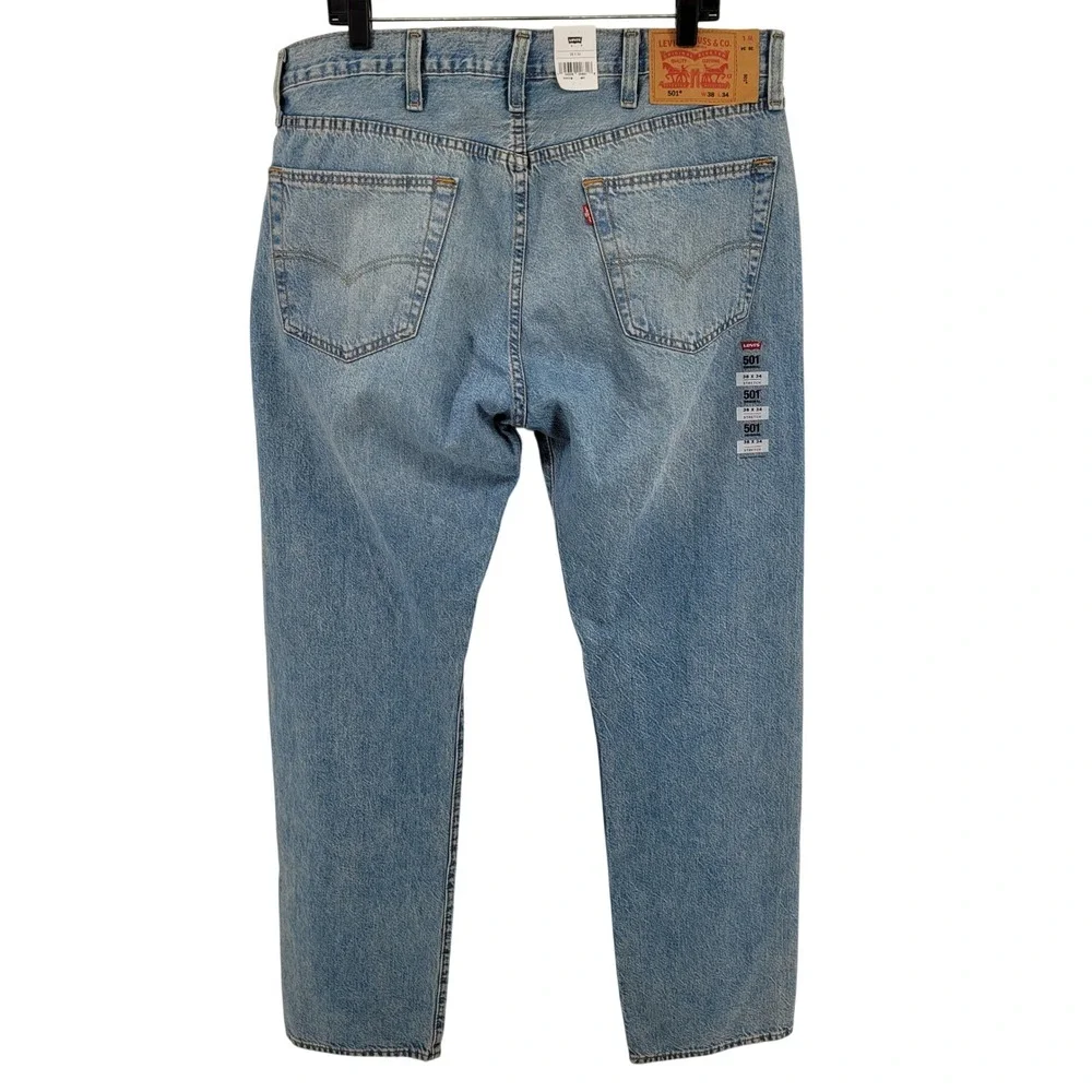 Levis‎ 501 Original Mens Jeans 38x34 Light Wash Blue Denim Stretch 00501-3668